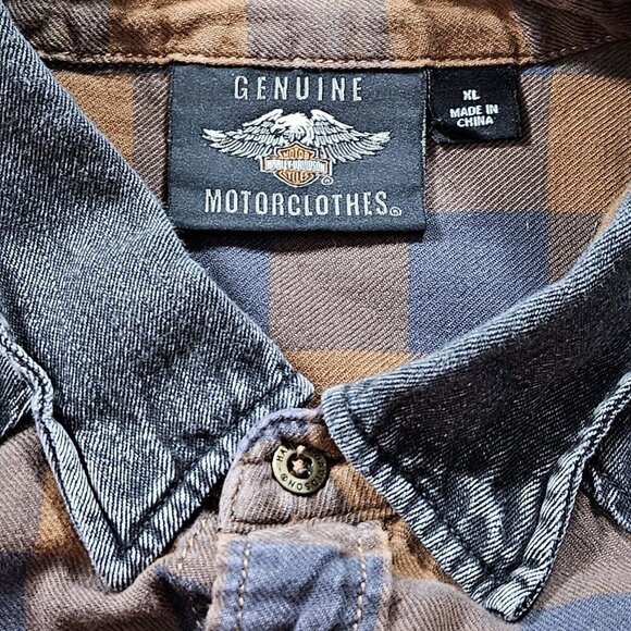Harley Davidson Shirt Mens XL Plaid Pocket Snap Buttons Patch Biker Rugged FLAW - Picture 3 of 16